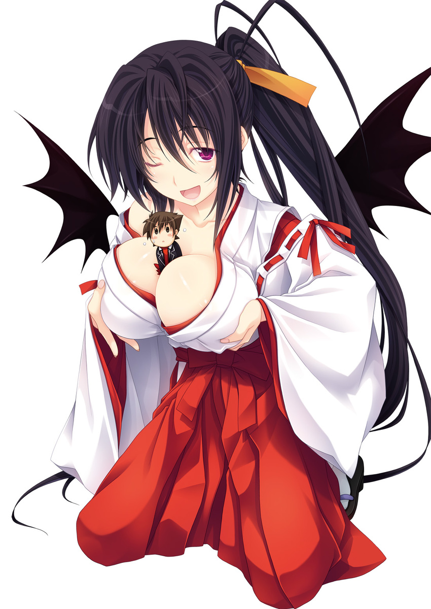 1girl :o ;d antenna_hair bangs bare_shoulders between_breasts black_eyes black_hair blazer blush_stickers breast_hold breast_squeeze breasts chibi cleavage collarbone demon_wings detached_sleeves fingernails flying_sweatdrops full_body hair_between_eyes hair_ribbon hakama high_ponytail high_school_dxd highres himejima_akeno hip_vent hyoudou_issei jacket japanese_clothes kneeling large_breasts long_fingernails long_hair long_sleeves looking_at_viewer miko miyama-zero necktie off_shoulder official_art one_eye_closed open_blazer open_clothes open_jacket open_mouth person_between_breasts ponytail purple_eyes red_hakama ribbon ribbon-trimmed_sleeves ribbon_trim sandals scan school_uniform short_hair sidelocks simple_background size_difference smile tabi very_long_hair white_background wide_sleeves wings