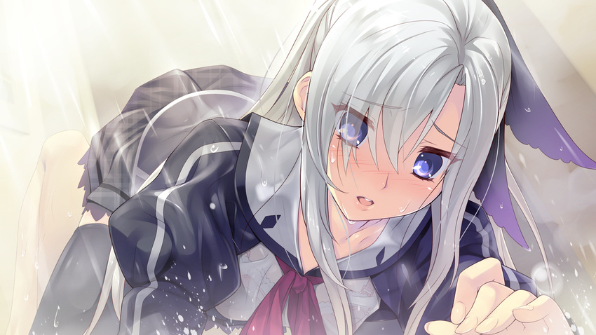 black_legwear blue_eyes blush bra game_cg girl_on_top hair_ribbon juliet_sleeves long_hair long_sleeves mibu_tsubaki open_mouth puffy_sleeves ribbon school_uniform see-through silver_hair skirt solo thighhighs tokeijikake_no_ley_line underwear urabi_(tomatohouse) wet