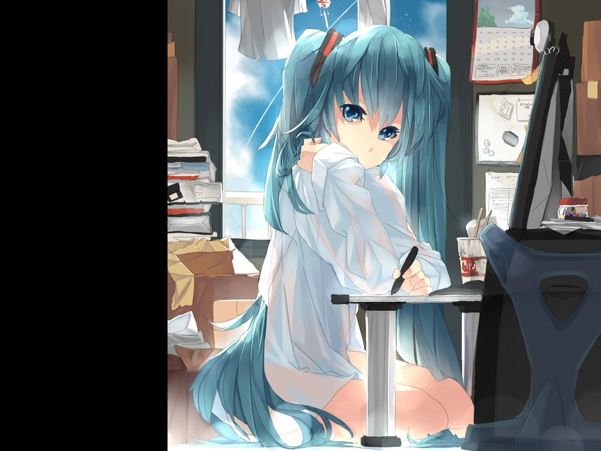 bad_id bad_pixiv_id blue_eyes blue_hair bottomless calendar_(object) chopsticks cup_ramen hair_tousle hatsune_miku highres laundry left-handed long_hair magnet monitor no_panties no_pants pen seiza sitting solo tan_(carbon) vocaloid wind_chime