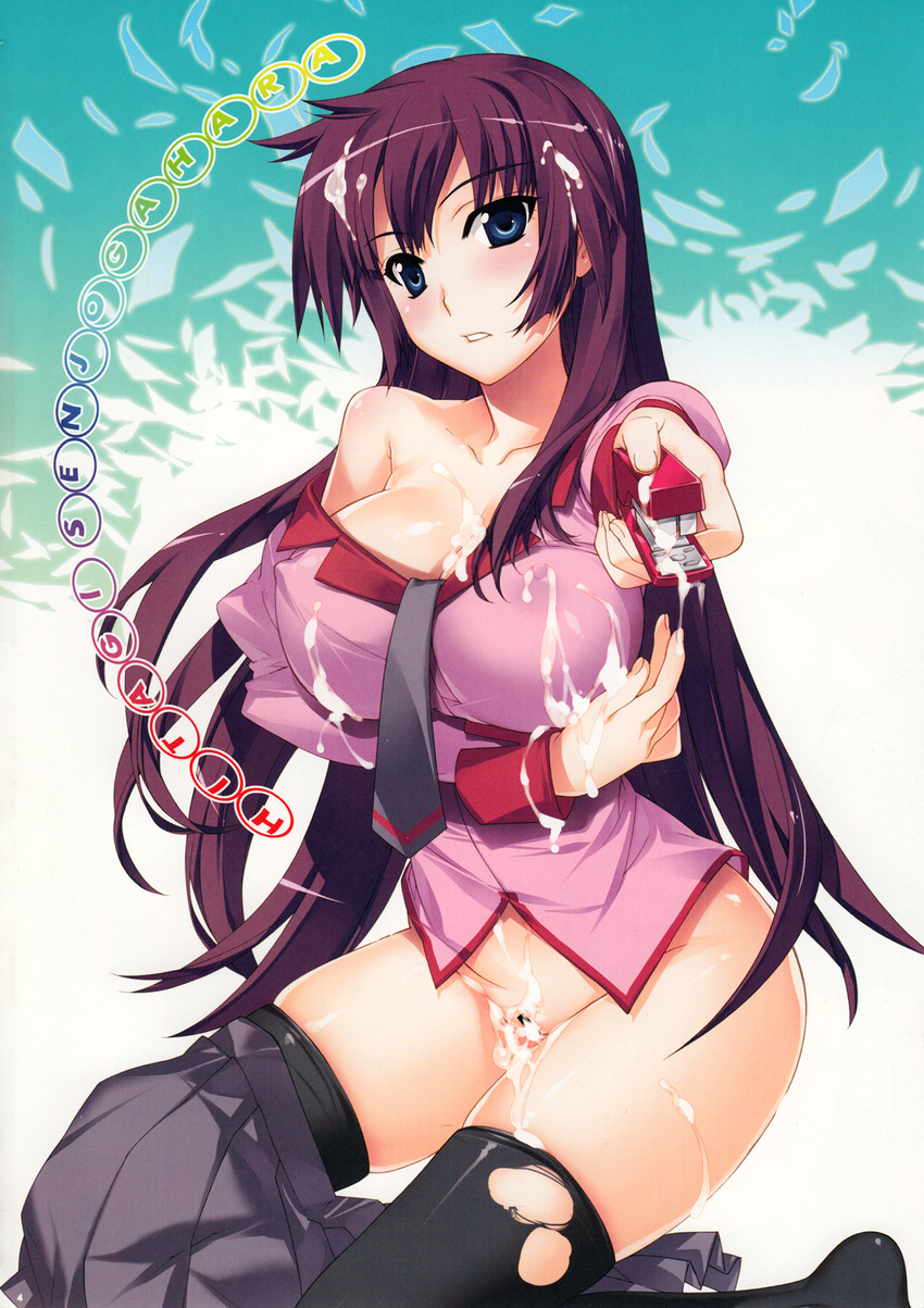 bakemonogatari blue_eyes blush breast_hold breasts cum cum_on_body cum_on_breasts cum_on_clothes cum_on_hair cum_on_upper_body erect_nipples fujima_takuya highres kneeling large_breasts long_hair looking_at_viewer monogatari_(series) necktie no_bra no_panties open_mouth purple_hair school_uniform senjougahara_hitagi skirt socks solo stapler