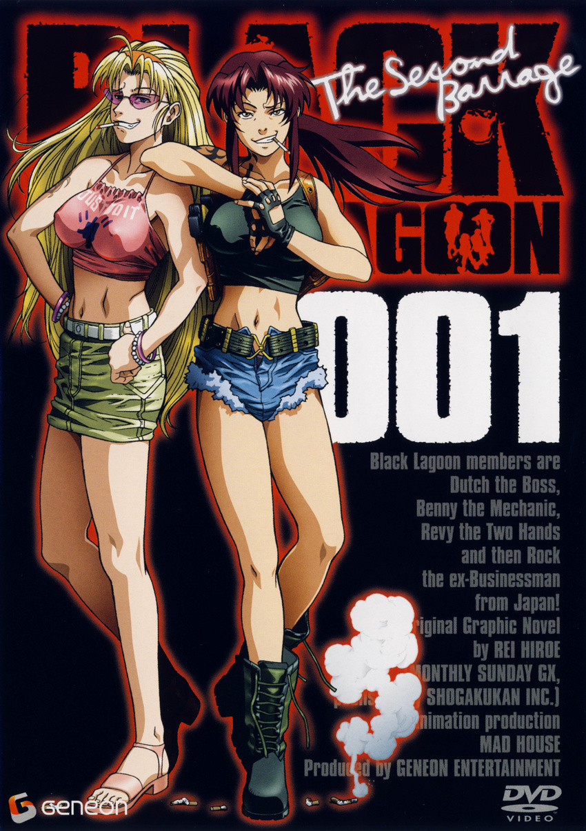 absurdres ahoge bare_shoulders black_lagoon blonde_hair boots bracelet breasts brown_eyes brown_hair casual cigarette cover covered_nipples cross-laced_footwear cutoffs denim denim_shorts dvd_cover eda_(black_lagoon) fingerless_gloves full_body gloves grin hairband highres hiroe_rei holster jewelry lace-up_boots large_breasts leaning_on_person long_hair long_legs midriff miniskirt mouth_hold multiple_girls navel no_bra official_art pink-framed_eyewear ponytail revy_(black_lagoon) sandals shorts shoulder_holster skirt smile sunglasses tank_top tattoo very_long_hair
