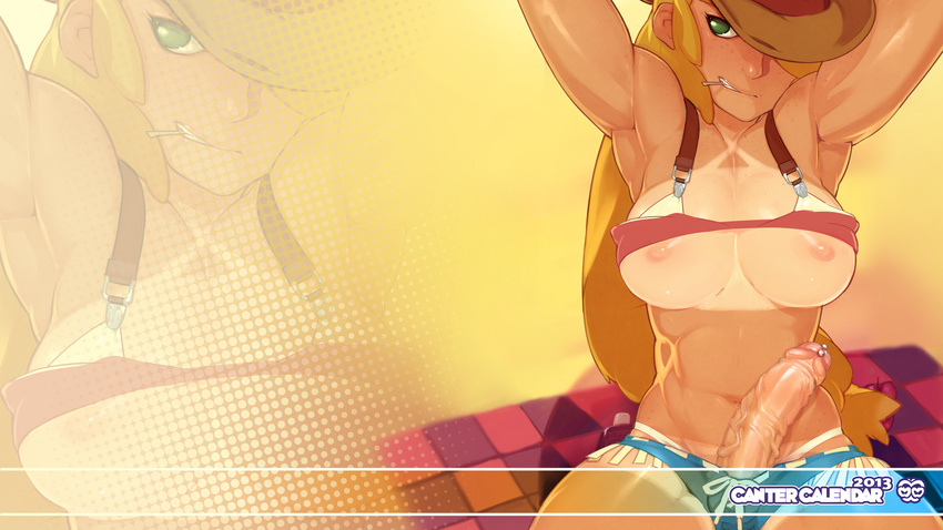 apple applejack areolae armpits arms_up bad_id bad_tumblr_id blonde_hair breasts buckle checkered cleavage cowboy_hat doxy food fringe_trim fruit futanari green_eyes hat highres large_breasts long_hair looking_at_viewer my_little_pony my_little_pony_friendship_is_magic navel nipples panties parted_lips penis penis_piercing personification piercing shirt_lift short_shorts shorts simple_background solo tan tanline toned underwear veins veiny_penis wallpaper widescreen yellow_background zoom_layer
