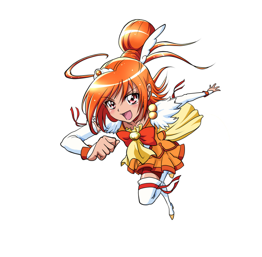 :d bike_shorts blush boots bow bowtie brooch choker cure_sunny full_body hair_bun highres hino_akane_(smile_precure!) jewelry magical_girl open_mouth orange_(color) orange_choker orange_hair orange_neckwear orange_skirt ponsuke precure red_eyes red_shorts running short_hair shorts shorts_under_skirt skirt smile smile_precure! solo thigh_boots thighhighs white_background white_legwear