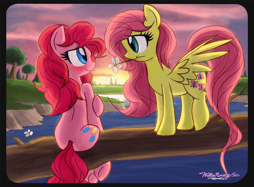 blue_eyes blush couple cutie_mark duo equine female feral flower fluttershy_(mlp) friendship_is_magic hair horse lake long_hair mammal my_little_pony pegasus pink_hair pinkie_pie_(mlp) pony sunset water willis96 wings young