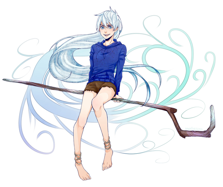 :d anklet arms_behind_back bad_id bad_pixiv_id bangs bare_legs barefoot blue_eyes cutoffs drawstring feet floating_hair full_body genderswap genderswap_(mtf) gradient hannisen highres holding holding_weapon hood hoodie jack_frost_(rise_of_the_guardians) jewelry legs long_hair long_sleeves looking_at_viewer open_mouth rise_of_the_guardians short_shorts shorts sitting smile solo staff very_long_hair weapon white_background white_hair