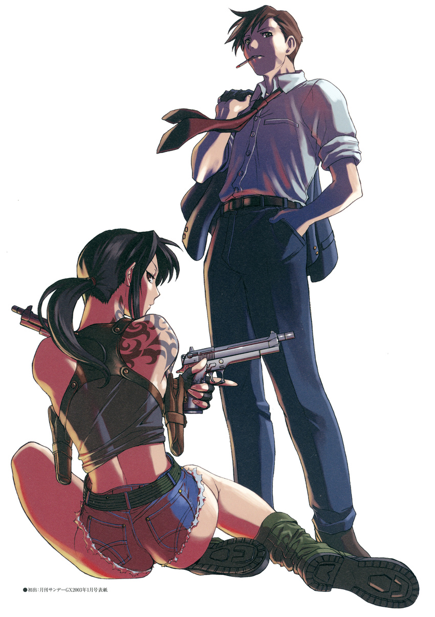 1girl absurdres ass back belt beretta_92 black_hair black_lagoon boots brown_hair cigarette cutoffs denim denim_shorts dual_wielding fingerless_gloves from_behind full_body gloves gun hand_in_pocket handgun highres hiroe_rei holding holster jacket_over_shoulder long_hair midriff necktie official_art okajima_rokuro pistol ponytail revy_(black_lagoon) shirt shorts shoulder_holster sitting sleeves_rolled_up tattoo translated trigger_discipline weapon wind