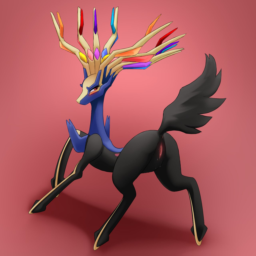 anus blush butt darkmirage female feral horn legendary_pok&#233;mon looking_at_viewer looking_back nintendo pinup plain_background pok&#233;mon pok&eacute;mon pose presenting presenting_hindquarters presenting_pussy pussy raised_tail red_background red_eyes solo video_games xerneas