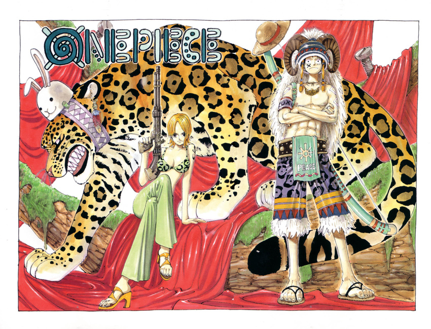 1boy 1girl 2001 abs animal animal_print armband bikini_top bodypaint border bow_(weapon) cat copyright_name cover cover_page crossed_arms duo gun helmet high_heels highres horns jewelry leopard leopard_print loincloth monkey_d_luffy nami nami_(one_piece) necklace oda_eiichirou official_art one_piece open_shoes orange_hair sandals shoes sitting tattoo topless weapon