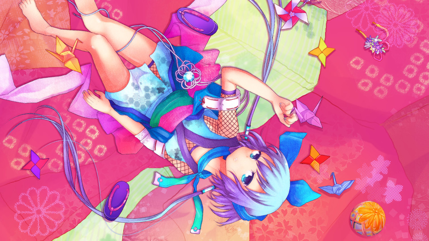 aoki_lapis barefoot blue_eyes fishnets gem hair_tubes highres long_hair lying ninja on_back origami paper_crane pinwheel purple_hair shinryou_rei shoes_removed solo upside-down very_long_hair vocaloid