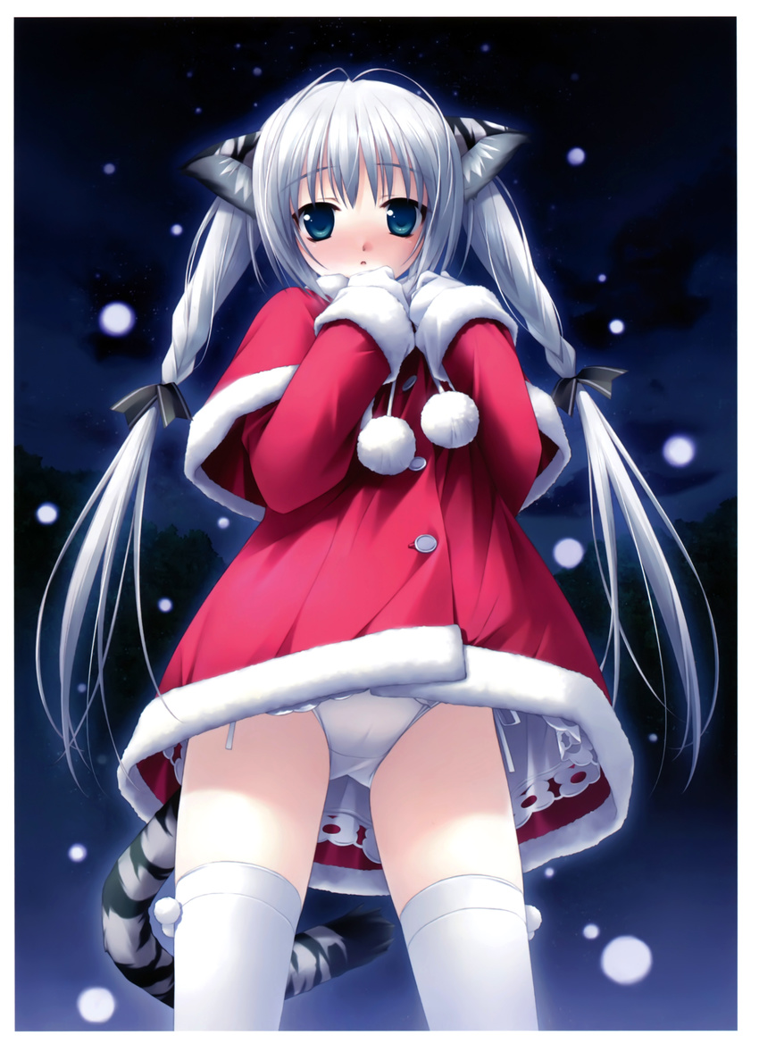 absurdres animal_ears antenna_hair blue_eyes bow coat dress gloves hair_bow hashimoto_takashi highres huge_filesize long_hair looking_at_viewer original panties pantyshot pantyshot_(standing) parted_lips scan side-tie_panties silver_hair snow solo standing tail thighhighs tiger_ears tiger_tail twintails underwear upskirt white_dress white_gloves white_legwear white_panties