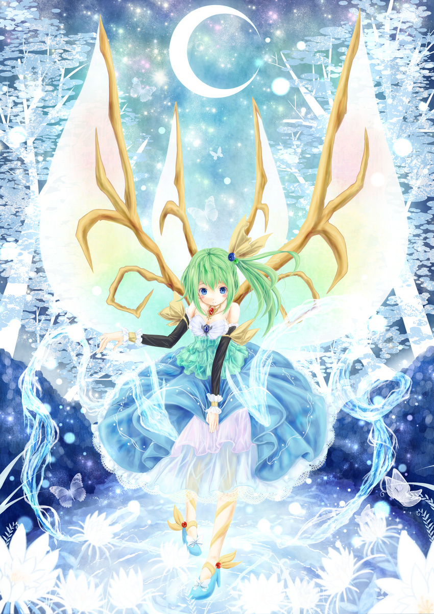 alternate_costume bare_shoulders blue_background blue_dress blue_eyes blue_footwear bug butterfly crescent_moon daiyousei detached_sleeves dress fairy_wings flower formal full_body gown green_hair high_heels highres insect jewelry lace large_wings light_smile long_hair long_sleeves moon multiple_wings necklace runathito see-through shoes side_ponytail solo touhou wings wrist_cuffs