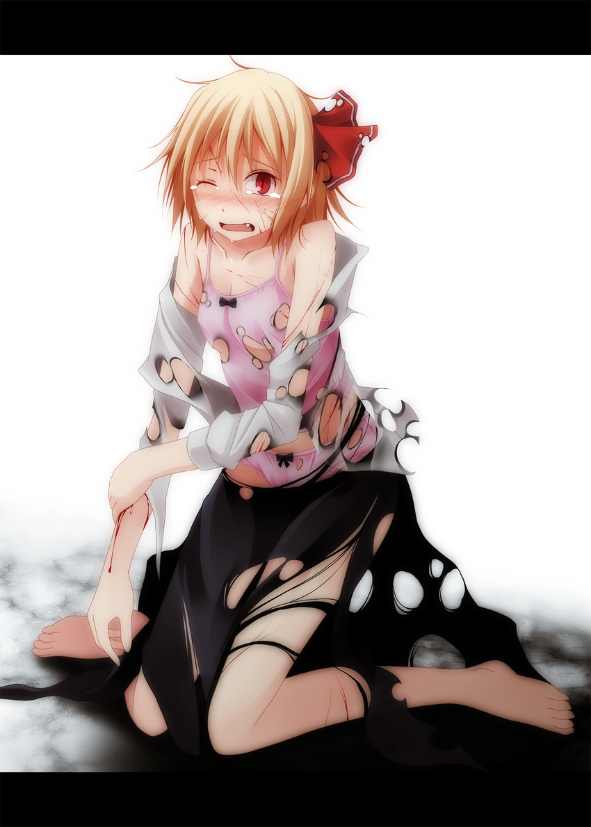 bad_id bad_pixiv_id barefoot blonde_hair blush breasts burnt_clothes crying fang hair_ribbon highres letterboxed looking_at_viewer one_eye_closed open_mouth panties pink_panties red_eyes ribbon rumia s-syogo scratches shirt sitting skirt slit_pupils small_breasts solo tears torn_clothes torn_panties torn_ribbon torn_shirt torn_skirt touhou undershirt underwear wariza