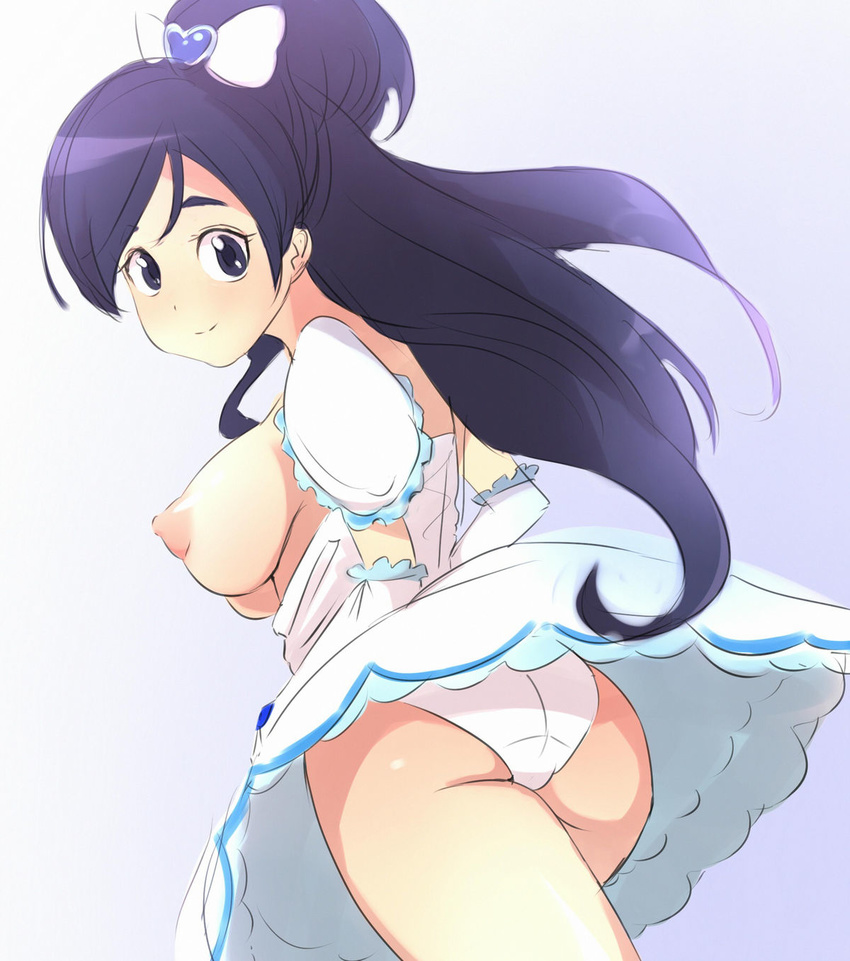 areolae ass black_eyes black_hair blush bow breasts cure_white dress elbow_gloves futari_wa_precure gloves hair_bow half_updo highres large_breasts long_hair looking_at_viewer looking_back magical_girl nipples otohime_(youngest_princess) panties precure solo underwear yukishiro_honoka