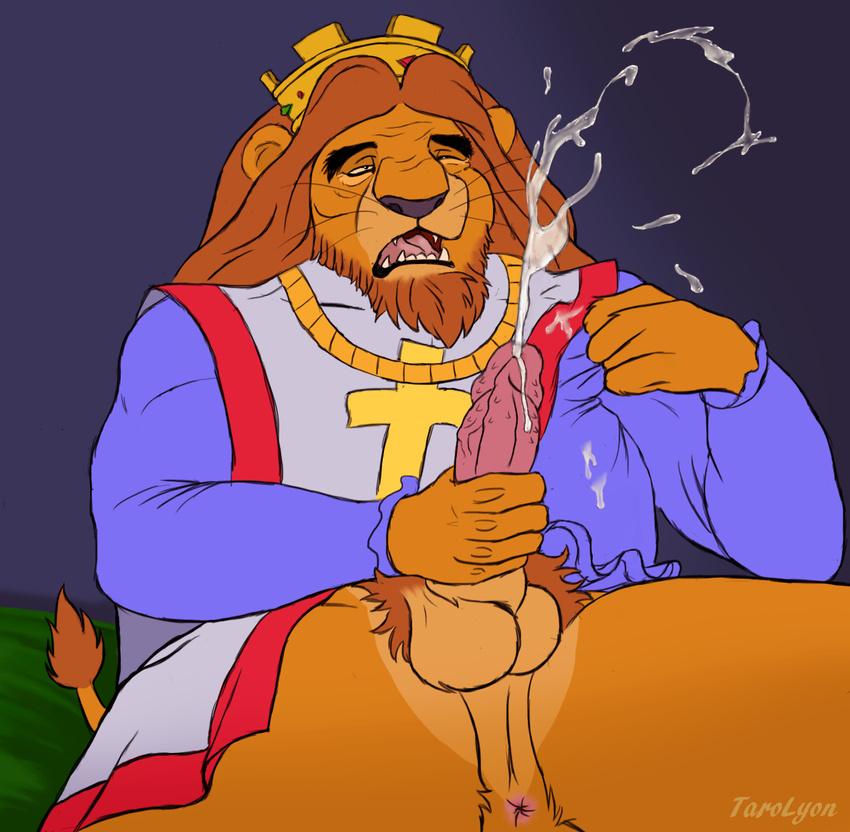 balls big_penis bottomless clothed clothing crown cum cumshot disney feline half-dressed hood king king_richard lion male mammal masturbation open_mouth orgasm penis robin robin_hood_(disney) royalty solo tarolyon