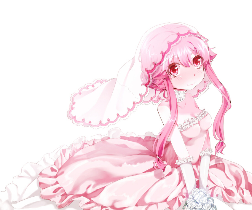 bad_id bad_pixiv_id banned_artist blush bouquet dress flower gasai_yuno gloves long_hair mirai_nikki pink_dress pink_eyes pink_hair pink_wedding_dress rose runamatu simple_background smile solo twintails veil wedding_dress white_background