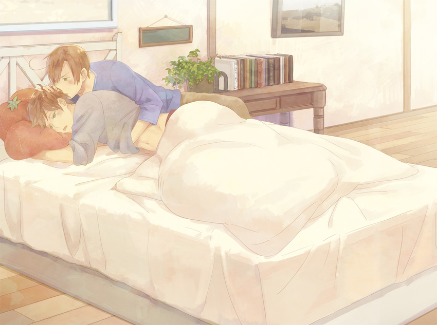 ahoge axis_powers_hetalia bad_id bad_pixiv_id bed blanket blush book brown_hair cover cover_page doujin_cover fingernails frown green_eyes hair_intakes hand_in_hair hand_on_another's_head hand_on_head lying male_focus multiple_boys navel on_side open_mouth pants pillow plant shirt_lift sleepy sleeves_rolled_up southern_italy_(hetalia) spain_(hetalia) yaoi zukki_(suzukio)