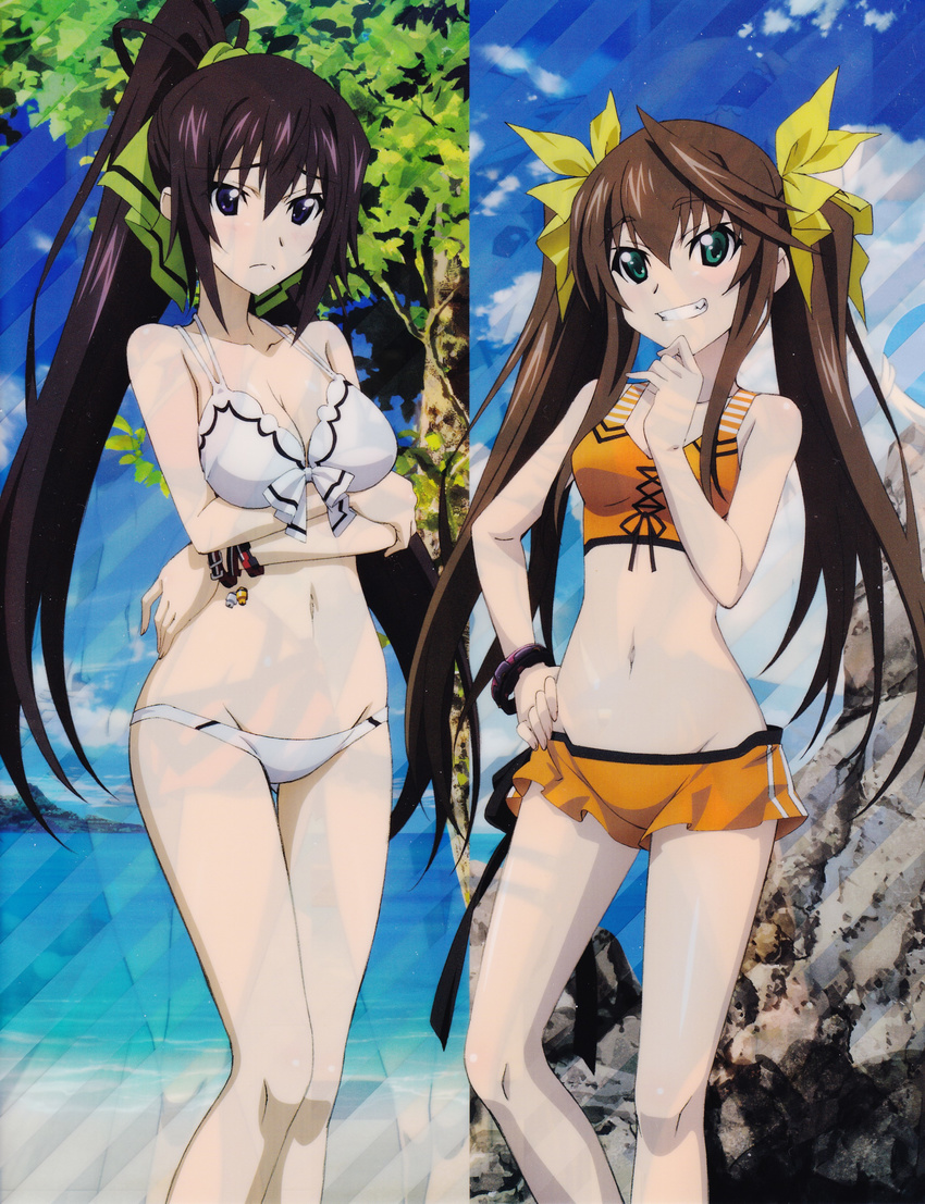 absurdres ass_visible_through_thighs bare_shoulders beach bikini bleed_through blue_sky blush bracelet breast_hold breasts brown_hair cleavage cloud day green_eyes grin groin hand_on_hip hashimoto_takayoshi high_ponytail highres huang_lingyin infinite_stratos jewelry knees long_hair medium_breasts multiple_girls navel official_art outdoors ponytail purple_eyes purple_hair scan scan_artifacts shinonono_houki sky small_breasts smile split_ponytail swimsuit tankini thigh_gap thighs twintails very_long_hair white_bikini wristband