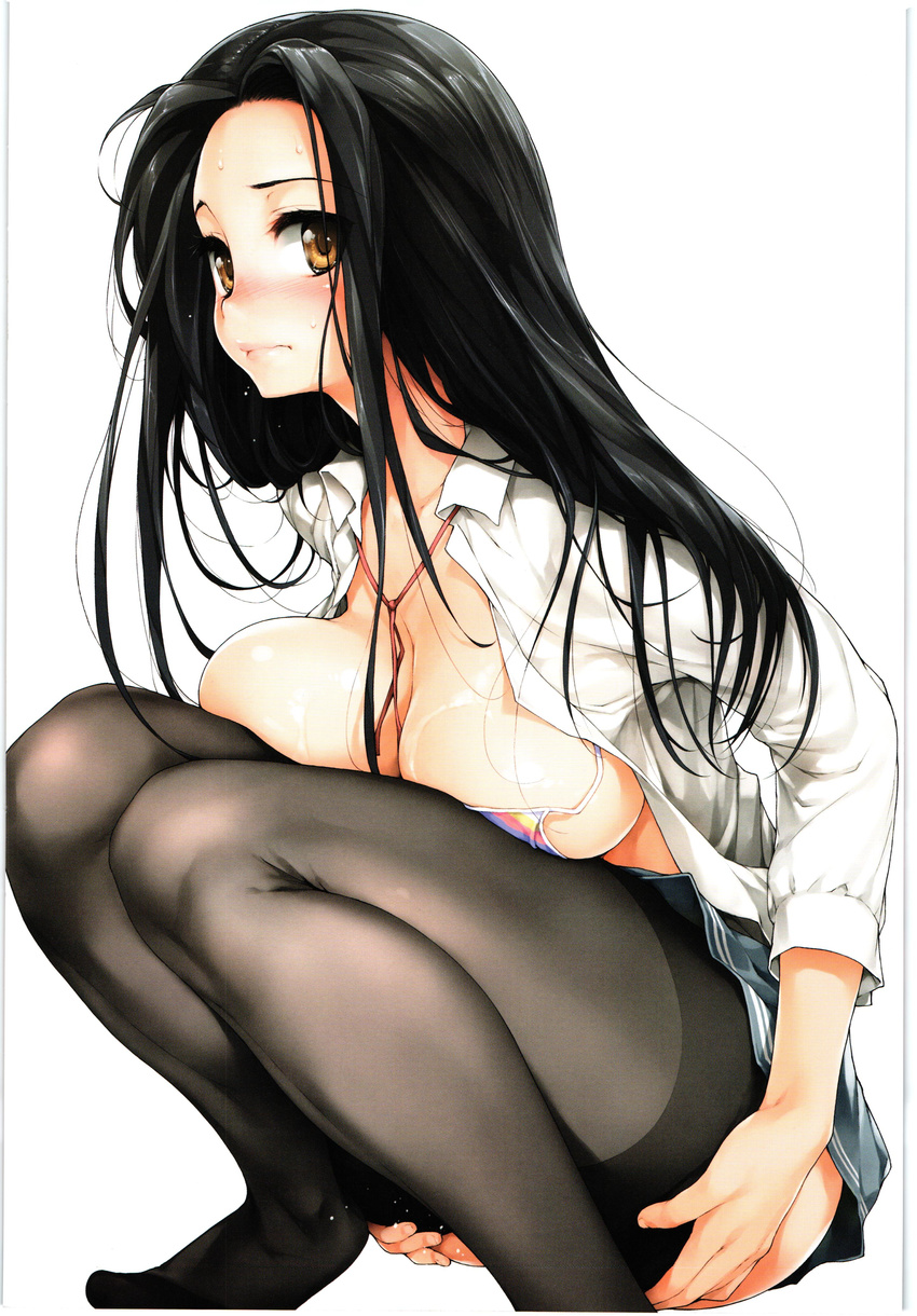 absurdres bikini_top black_hair black_legwear blush breast_press breasts embarrassed highres ishikei large_breasts long_hair looking_at_viewer open_clothes open_shirt pantyhose school_uniform shirt simple_background skirt solo squatting white_background yellow_eyes