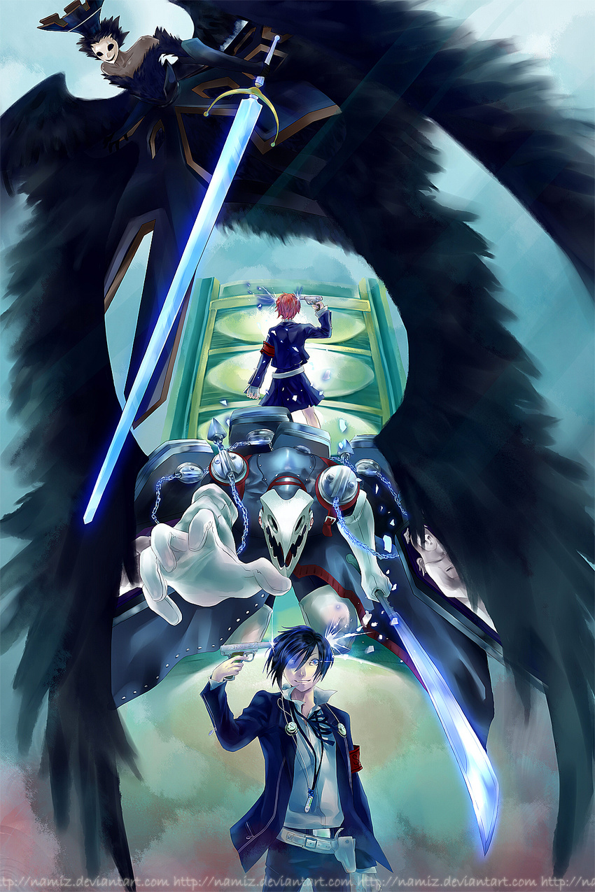 1girl armband black_wings blue_eyes blue_hair brown_hair chain digital_media_player evoker female_protagonist_(persona_3) gun gun_to_head headphones highres holding holding_gun holding_weapon looking_at_viewer namiz nyx_avatar persona persona_3 persona_3_portable ribbon school_uniform short_hair skirt smile smirk sword thanatos watermark weapon web_address wings yuuki_makoto