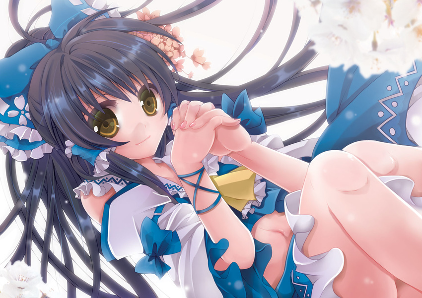 alternate_color ascot blue_hair detached_sleeves hair_ribbon hair_tubes hakurei_reimu hands_clasped long_hair navel own_hands_together player_2 ribbon skirt solo touhou white_sleeves yanagise yellow_eyes