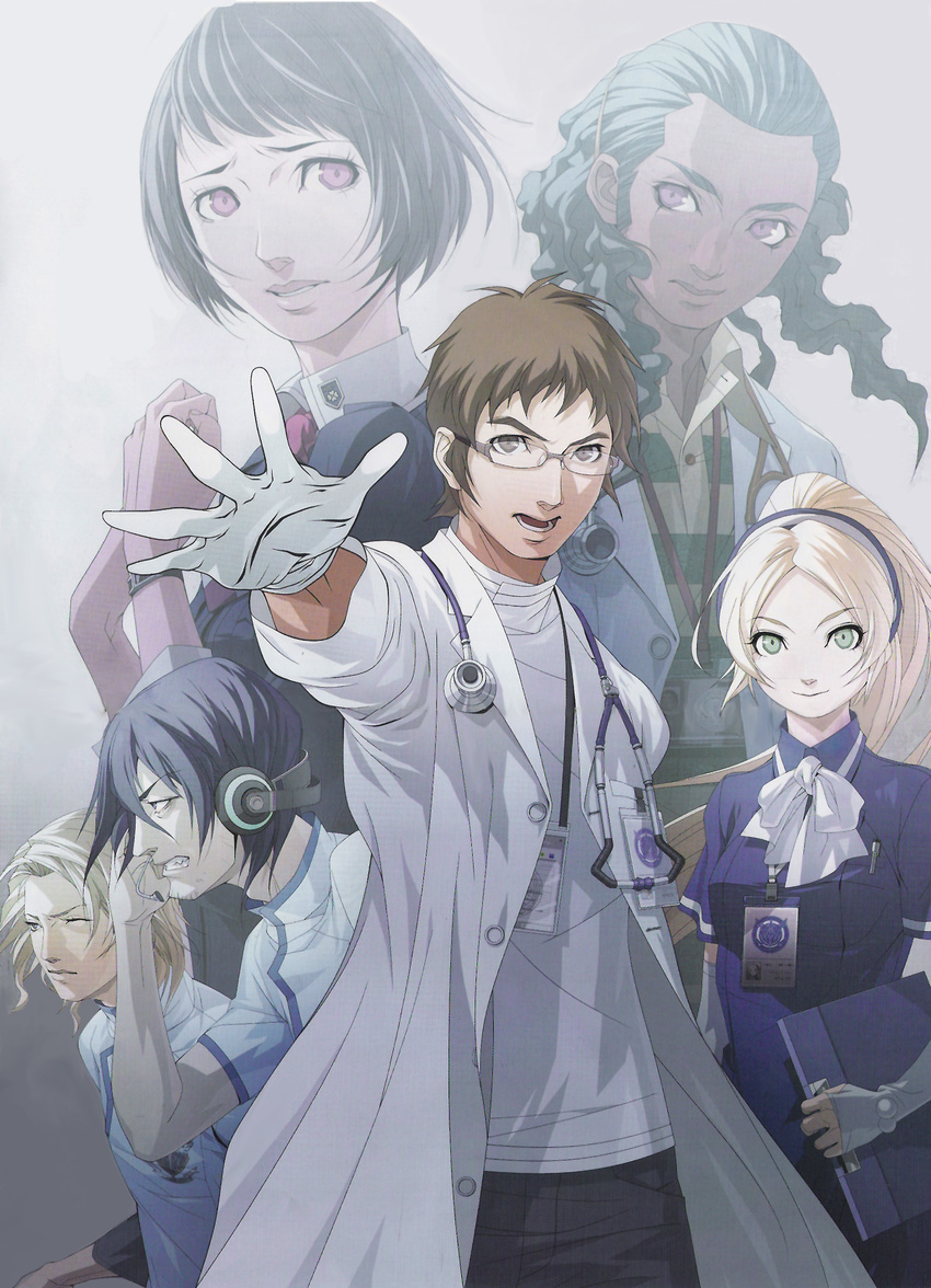 4boys absurdres adel_tulba angry blonde_hair blue_hair brown_eyes brown_hair chou_shittou_caduceus clenched_teeth doctor doi_masayuki elbow_gloves fingerless_gloves glasses gloves green_eyes grey_hair hairband hands headset heather_ross highres labcoat long_hair multiple_boys multiple_girls official_art one_eye_closed outstretched_arm outstretched_hand pink_eyes reaching scan short_hair smile stethoscope striped teeth tonegawa_anju tsukimori_kousuke tyler_chase victor_niguel