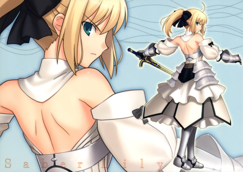 absurdres ahoge aqua_eyes armor armored_dress artoria_pendragon_(all) back bare_shoulders blonde_hair detached_sleeves dress fate/stay_night fate/unlimited_codes fate_(series) hair_ribbon highres higurashi_ryuuji looking_back ponytail ribbon saber saber_lily scan solo sword weapon