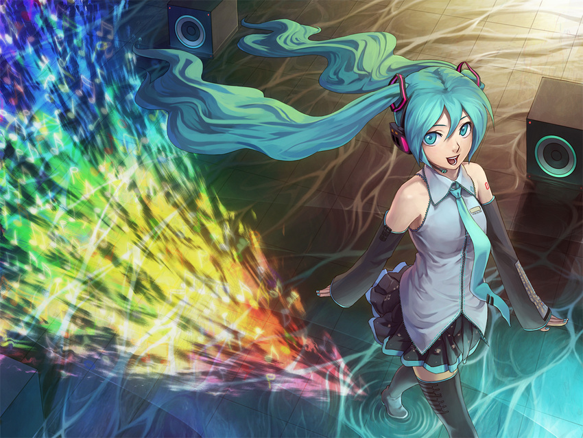 aqua_eyes aqua_hair beamed_eighth_notes beamed_sixteenth_notes detached_sleeves eighth_note floating_hair gradient half_note hatsune_miku headphones long_hair looking_at_viewer looking_up microphone musical_note necktie open_mouth quarter_note ripples ryuutetsu sixteenth_note sixteenth_rest skirt smile solo speaker thighhighs thirty-second_note twintails vocaloid walking water whole_note zettai_ryouiki