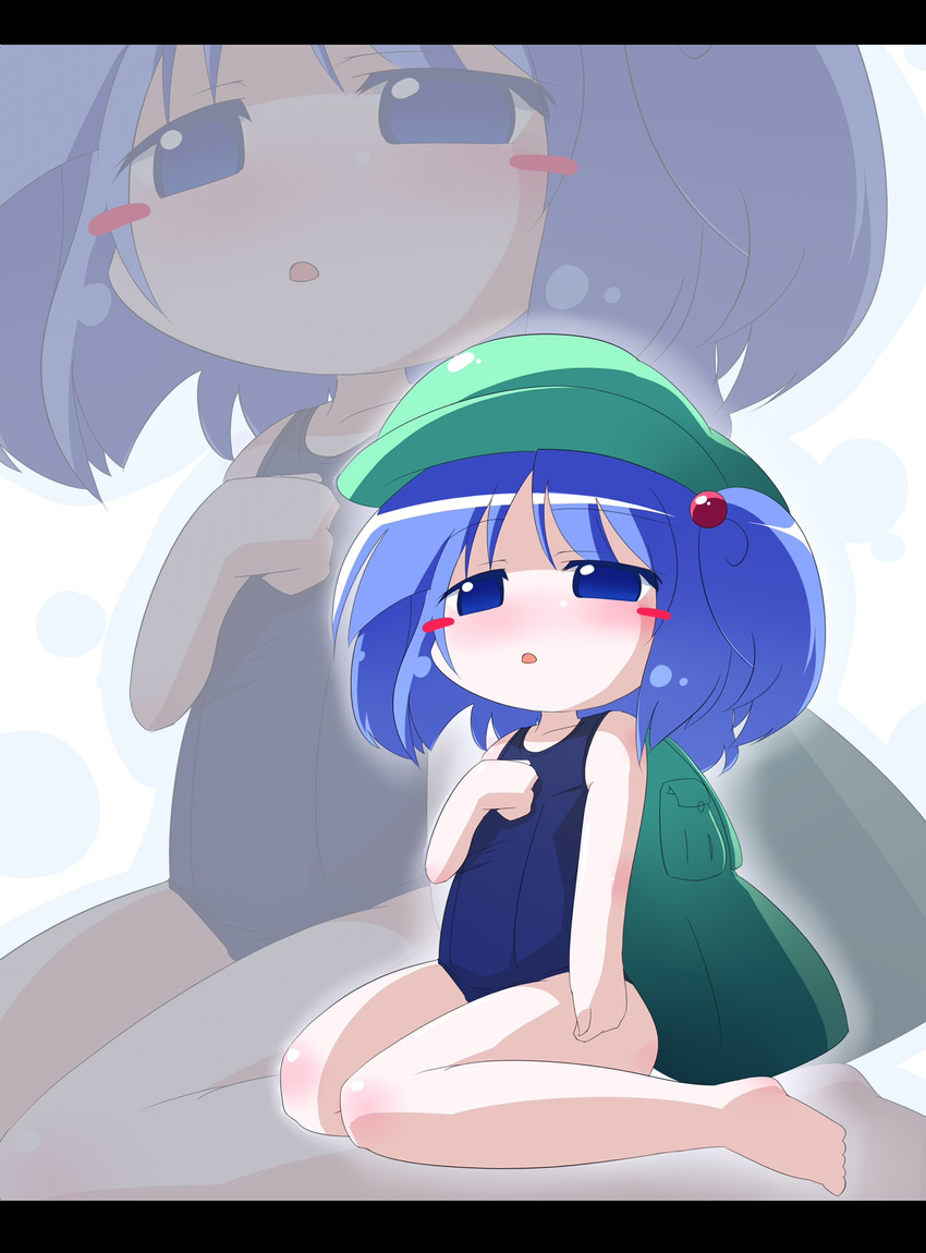 bag barefoot blue_hair blush_stickers chibi highres kawashiro_nitori letterboxed oka_(bananashoe) one-piece_swimsuit school_swimsuit short_hair solo swimsuit touhou two_side_up zoom_layer