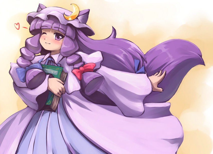 book hat long_hair one_eye_closed patchouli_knowledge purple_hair ribbon solo tdk touhou