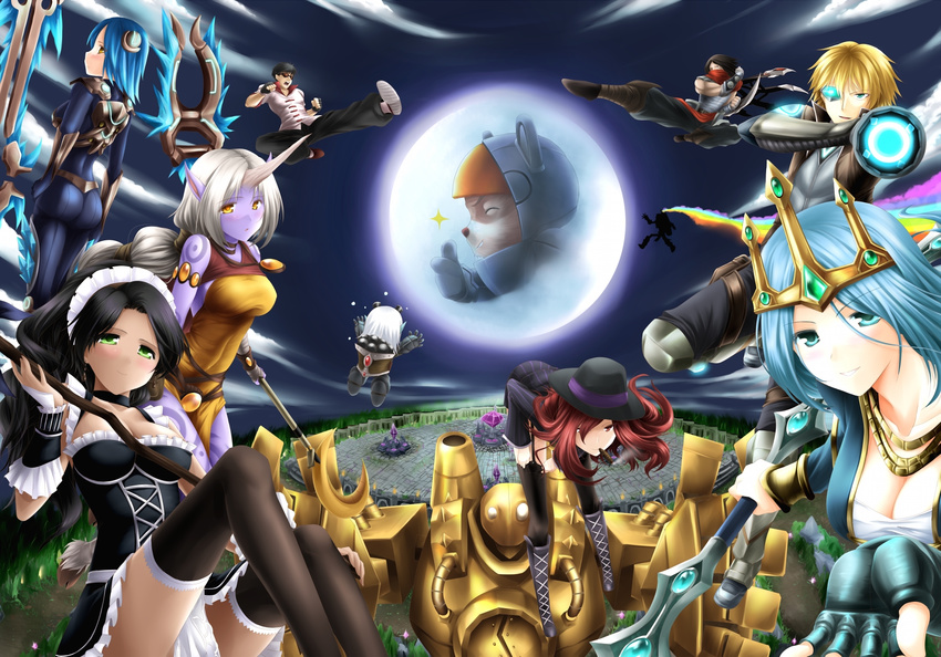 6+girls aqua_eyes arm_cannon armlet armor ashe_(league_of_legends) ass bare_shoulders bent_over black_hair black_legwear blade blitzcrank blonde_hair blue_hair blush boots breasts brown_hair cape cigar cleavage closed_eyes cloud ezreal fedora fingerless_gloves french_maid_nidalee frostblade_irelia full_moon garter_straps gauntlets gloves green_eyes hair_ornament hat highres hooves horn irelia jewelry kicking league_of_legends lee_sin long_hair mafia_miss_fortune maid maid_headdress makishima_rin medium_breasts moon multiple_boys multiple_girls muscle necklace nidalee open_mouth pants pointy_ears ponytail purple_skin rainbow red_eyes red_hair robot sarah_fortune scarf short_hair silver_hair singed skin_tight smile smoking soraka staff sunglasses talon_(league_of_legends) teemo thighhighs thumbs_up tristana visor weapon white_hair wrist_cuffs yellow_eyes yordle