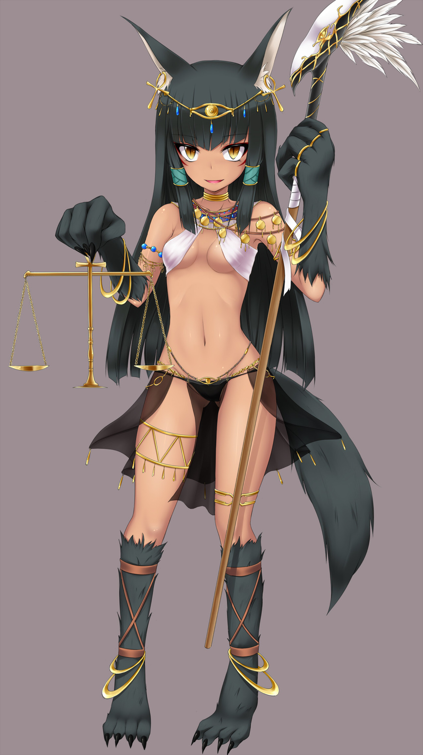animal_ears ankh anubis black_hair breasts cleavage dark_skin egyptian_mythology hair_tubes highres jewelry long_hair monster_girl navel necklace original shimo_(depthbomb) sidelocks simple_background slit_pupils small_breasts solo tail weighing_scale wolf wolf_ears wolf_tail yellow_eyes