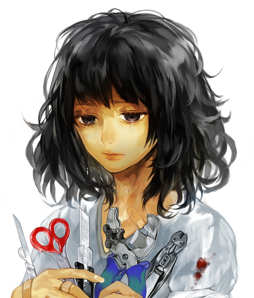 bandaid black_eyes black_hair blade blood boxcutter depressed highres lips messy_hair original scissors solo stationery tcb tears wrench