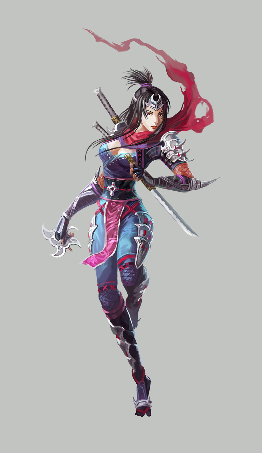 absurdres armor asipili black_hair breasts cleavage fingerless_gloves fishnets gloves grey_background highres japanese_clothes katana lips long_hair medium_breasts ninja original red_eyes scarf shuriken simple_background solo sword topknot weapon