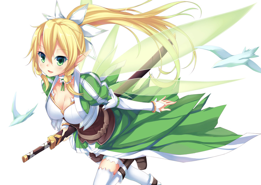 bad_id bad_pixiv_id bird blonde_hair blush boots bracelet braid breasts cleavage elf green_eyes jewelry large_breasts leafa liong long_hair pointy_ears ponytail puffy_sleeves sheath sheathed shorts smile solo sword sword_art_online thighhighs twin_braids weapon