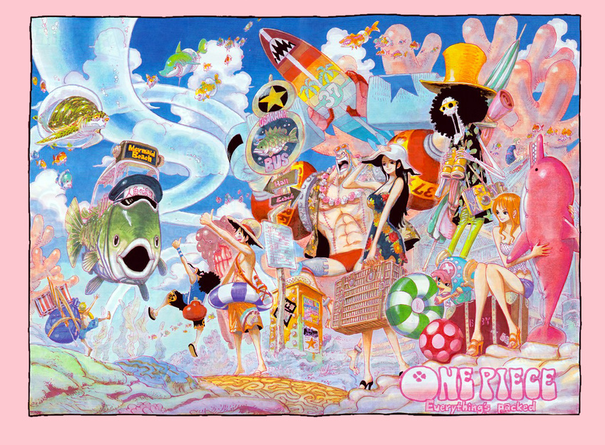 2girls 6+boys abs afro bag ball beach_ball beachball binoculars black_hair blonde_hair blowup blue_hair blue_shirt border bottle brook bubble bus_stop copyright_name coral cover cover_page cyborg dress fish fishman_island franky green_hair green_pants hat high_heels innertube lei multiple_boys multiple_girls nami nami_(one_piece) nico_robin oda_eiichirou official_art one_piece open_shoes orange_hair pants reindeer roronoa_zoro sandals sanji shark shirt shoes shorts sitting skeleton sleeveless straw_hat suitcase sunglasses surfboard swim_trunks title_drop tony_tony_chopper topless towel turtle umbrella underwater usopp white_hat x_(symbol)