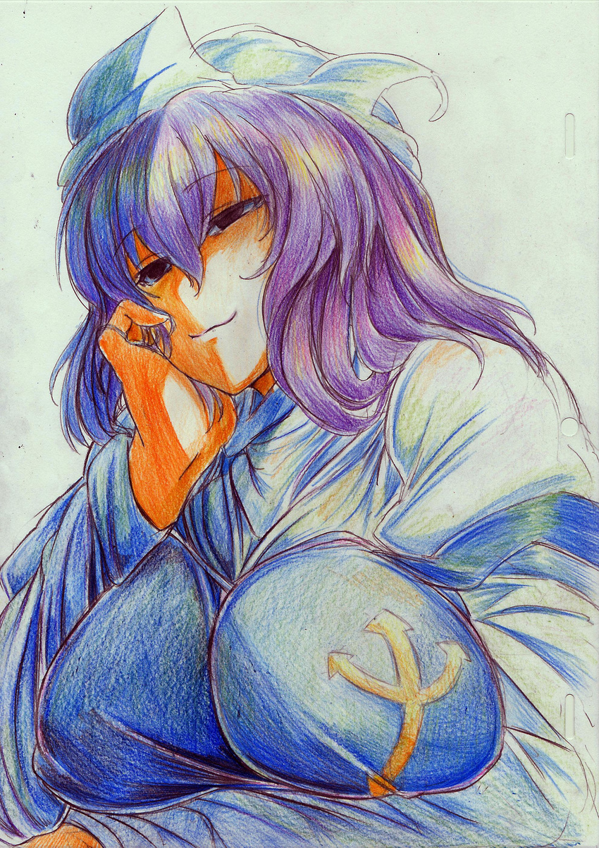 absurdres breasts colored_pencil_(medium) empty_eyes graphite_(medium) hat highres kitazinger large_breasts letty_whiterock long_sleeves purple_hair short_hair simple_background smile solo touhou traditional_media vest white_background