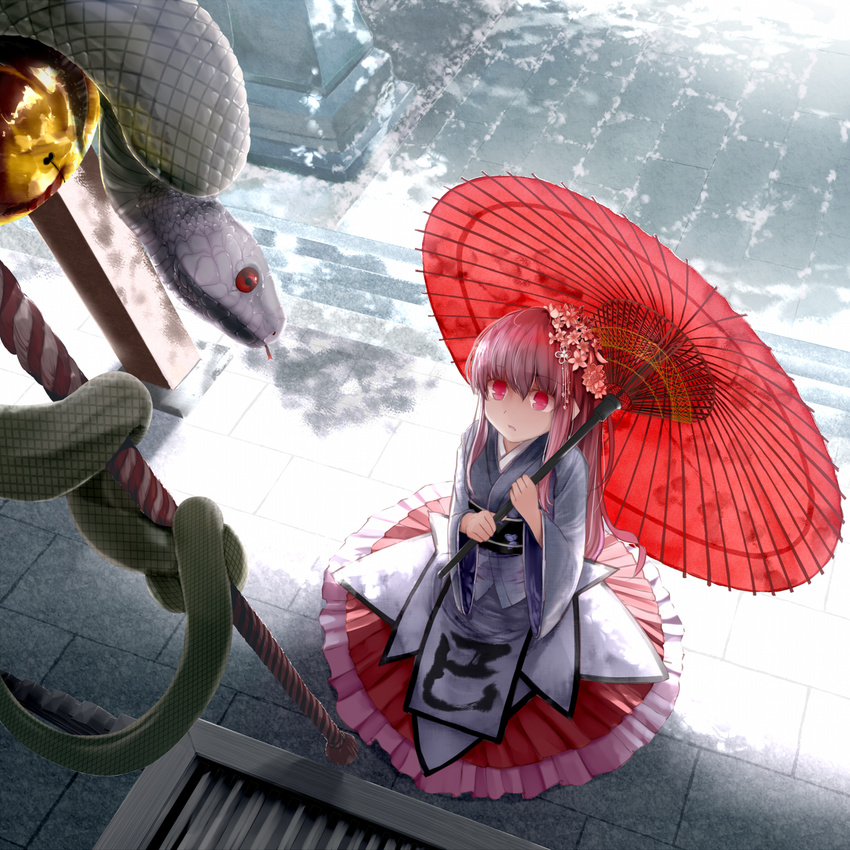 2013 box donation_box flower hair_flower hair_ornament hatsumoude highres oriental_umbrella original pen_(pixiv257621) red_eyes shrine shrine_bell snake solo umbrella