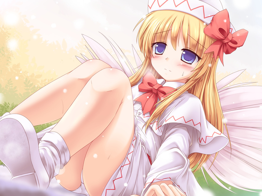 blonde_hair blue_eyes blush bow capelet dress fairy_wings hat hat_bow highres lily_white long_hair long_sleeves lzh panties sitting solo sweat touhou underwear upskirt white_dress white_panties wings