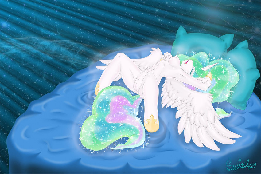 anthro anthrofied breasts equine female friendship_is_magic hair horn mammal multi-colored_hair my_little_pony princess princess_celestia_(mlp) pussy royalty signature solo spread_legs spreading swissleos winged_unicorn wings