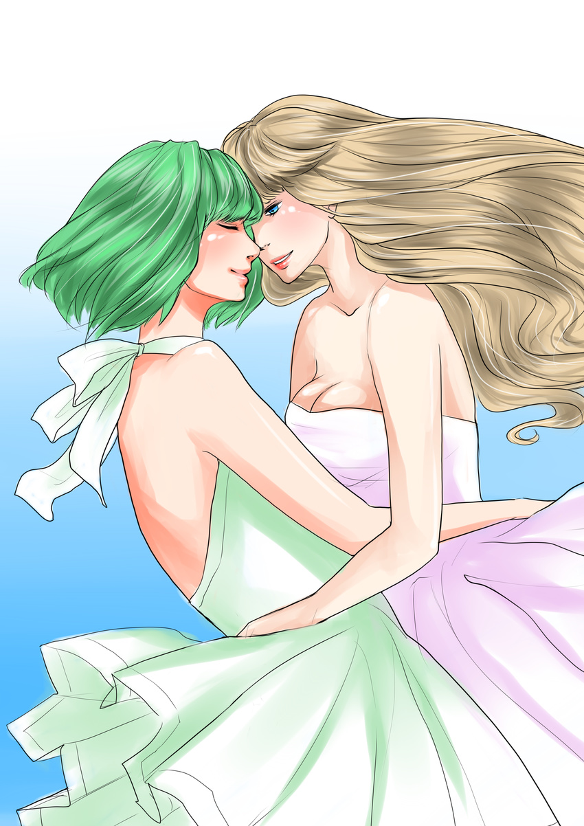 absurdres backless_dress backless_outfit bad_id bad_pixiv_id blonde_hair blue_eyes blush breasts cleavage closed_eyes couple dress green_hair highres hug long_hair macross macross_frontier medium_breasts multiple_girls ranka_lee sheryl_nome strapless strapless_dress wa-me yuri