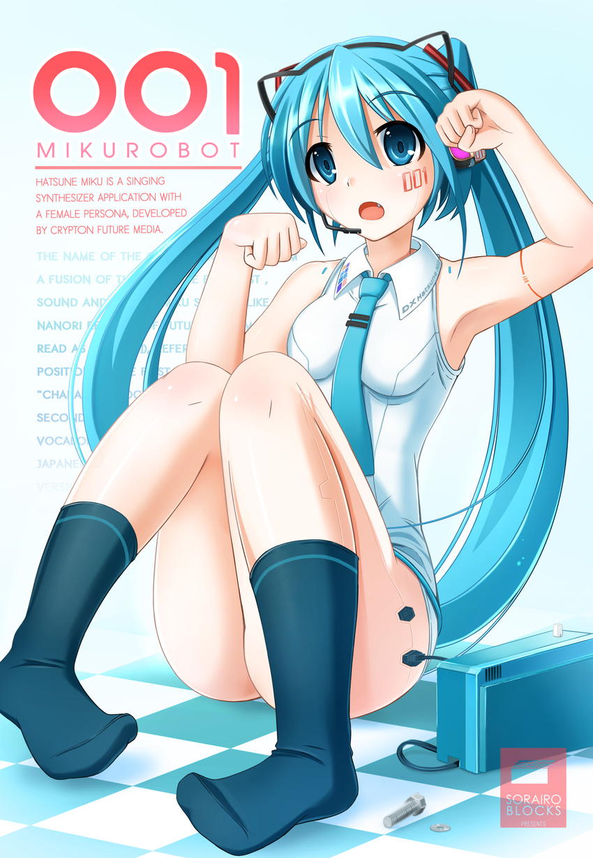 absurdres android aqua_eyes aqua_hair bad_id bad_pixiv_id character_name checkered checkered_floor hatsune_miku headset highres long_hair open_mouth sitting socks solo twintails umitonakai very_long_hair vocaloid vocaloid_(lat-type_ver)