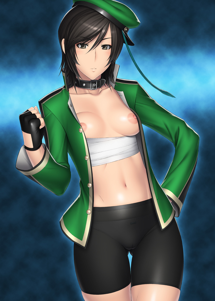 1girl absurdres bike_shorts black_eyes black_hair breasts cameltoe collar collarbone fingerless_gloves gloves hand_on_hip hat highres hips jacket kansuke navel nipples open_clothes open_jacket peaked_cap peaked_hat sarashi shin_sangoku_musou short_hair solo standing xing_cai