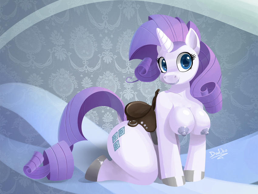 abstract_background anthro anthrofied blue_eyes blue_nipples breasts don_ko equine female friendship_is_magic hair hooves horn horse kneeling long_hair looking_at_viewer mammal my_little_pony nipples nude pony purple_hair rarity_(mlp) saddle smile solo thick_thighs thighs unicorn white_skin