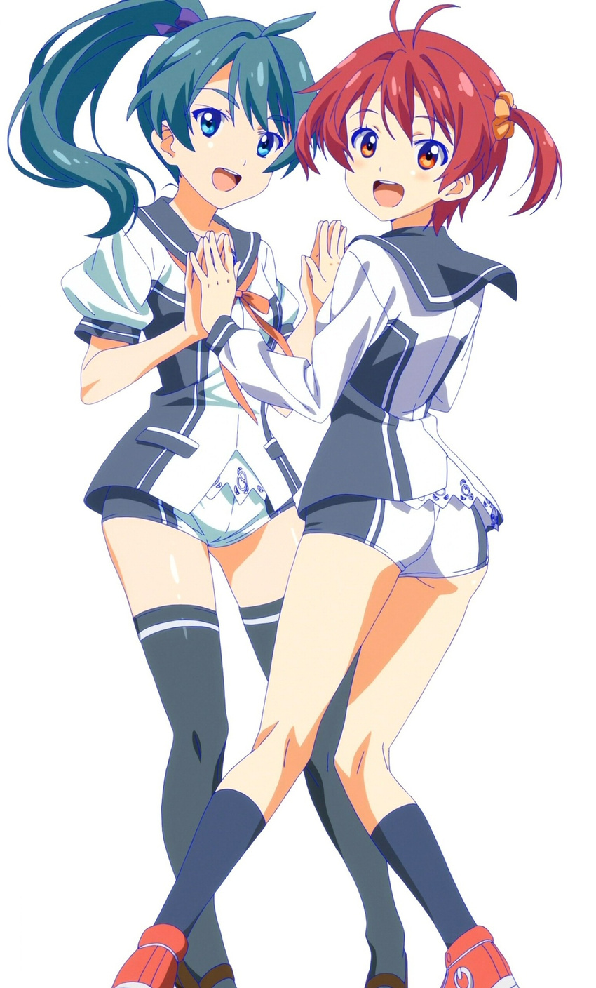 :d ahoge aqua_eyes ass bow green_hair hair_bow hair_ornament hair_scrunchie hands_together highres isshiki_akane kneepits long_hair looking_at_viewer multiple_girls national_shin_ooshima_school_uniform non-web_source open_mouth orange_scrunchie ponytail purple_bow red_eyes red_hair saegusa_wakaba school_uniform screencap scrunchie short_hair short_shorts short_twintails shorts smile socks stitched thighhighs third-party_edit twintails vividred_operation