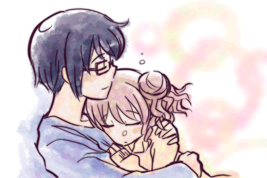 blush closed_eyes glasses hidamari_sketch hiro hug mukiki multiple_girls sae short_hair smile yuri