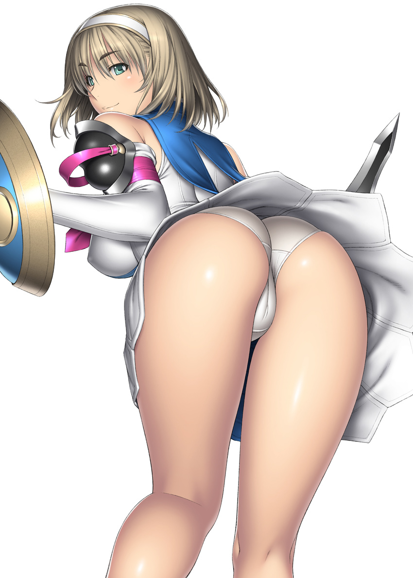 1girl absurdres ass bangs bare_shoulders blonde_hair breasts cameltoe cassandra_alexandra elbow_gloves female foreshortening from_behind gloves green_eyes hair_between_eyes hairband highres holding huge_ass kansuke kneepits leaning_forward legs looking_at_viewer looking_back panties shield shiny shiny_skin short_hair sideboob simple_background skirt skirt_lift smile solo soul_calibur soulcalibur_ii standing sword thighs turning underwear upskirt weapon white_background white_gloves white_panties