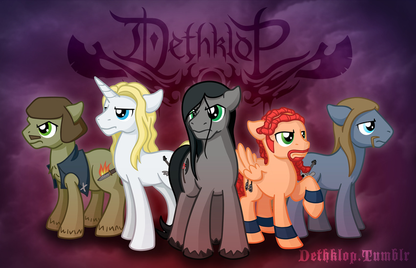 blue_eyes crossover cutie_mark dethklok dethklop english_text equine feral friendship_is_magic green_eyes group hair horn horse looking_at_viewer male mammal metalocalypse my_little_pony nathan_explosion parody pegasus pickles_(dethklok) ponification pony scorchie-coro skwisgaar_skwigelf text toki_wartooth unicorn william_murderface wings