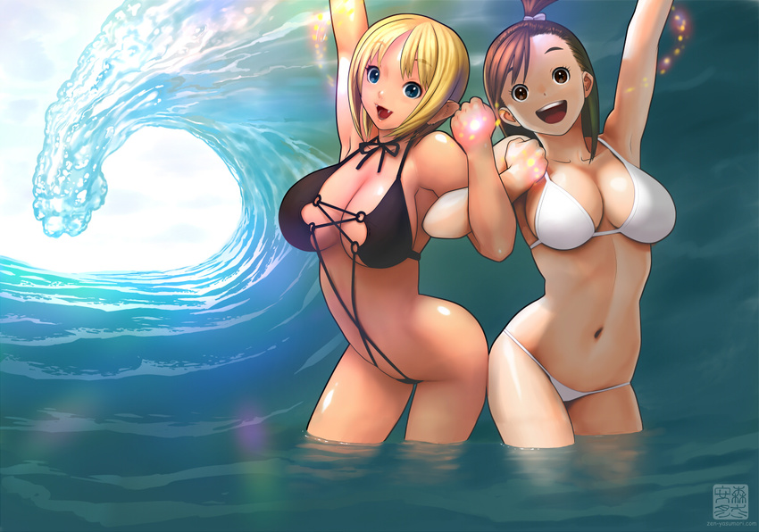 armpits arms_up bikini blonde_hair blue_eyes breasts brown_eyes brown_hair cleavage fang large_breasts lens_flare multiple_girls navel open_mouth original partially_submerged pointy_ears shiny shiny_skin short_hair side_ponytail slingshot_swimsuit smile swimsuit waves yasumori_zen