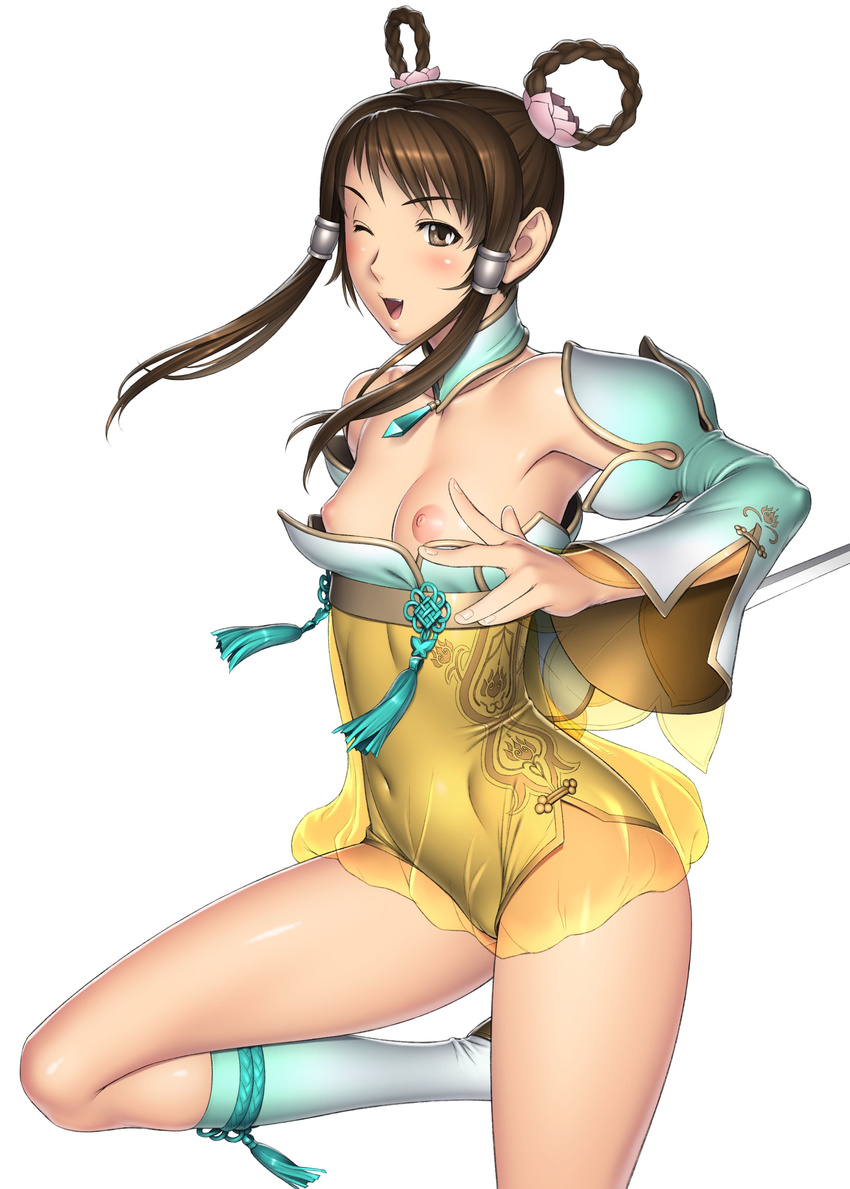 1girl absurdres areolae blush breasts brown_eyes brown_hair highres kansuke looking_at_viewer navel nipples no_bra open_mouth simple_background smile solo soul_calibur soulcalibur_v standing white_background wink yan_leixia