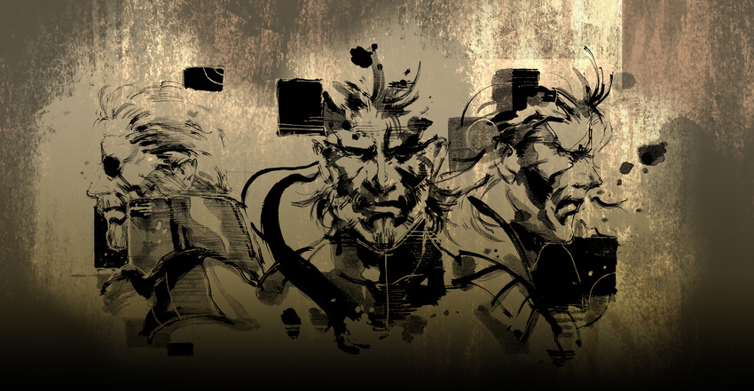 beard brown brown_background coat enomoto_misato eyepatch facial_hair liquid_snake looking_at_viewer male_focus metal_gear_(series) metal_gear_solid_2 monochrome multiple_boys one_eye_covered profile shaded_face solid_snake solidus_snake upper_body
